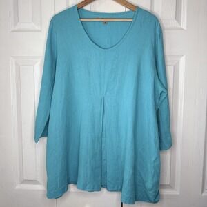 Flax Linen Tunic Turquoise Pleated Boho Coastal Chic Minimalist Lagenlook Top M